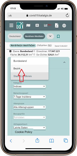 Coronavirus SARS-CoV-2 Karte Nordrhein-Westfalen Auswahl Bezirk