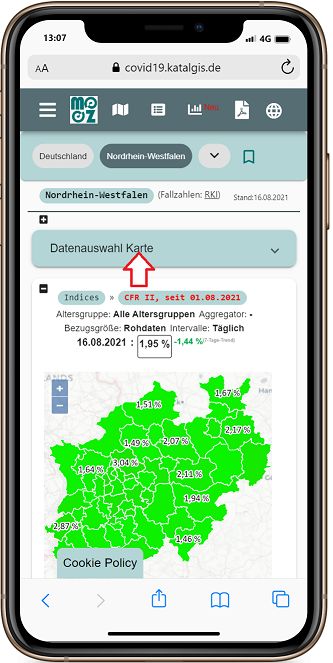 Covid-19 Karte CFR II (Fall-Verstorbenen-Anteil seit 01.08.2021) alle Altersgruppen  für Nordrhein-Westfalen 